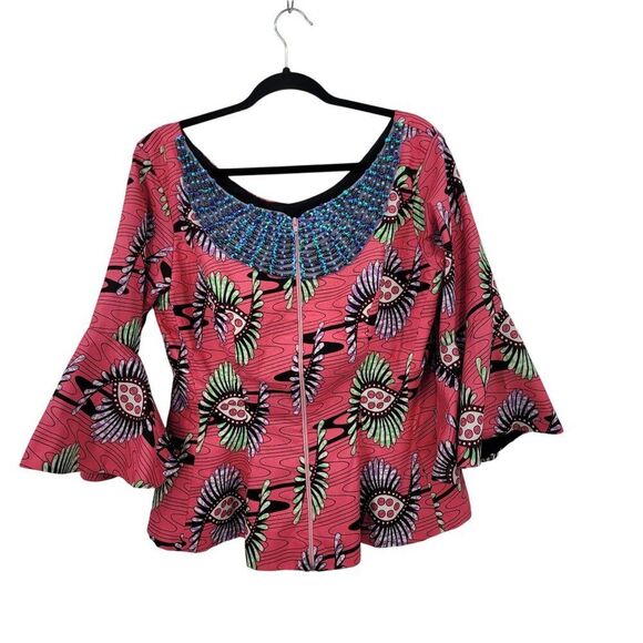 Handmade African Print Bell Sleeve Top Blazer Sz M Beaded Colorful Flattering - Picture 1 of 10